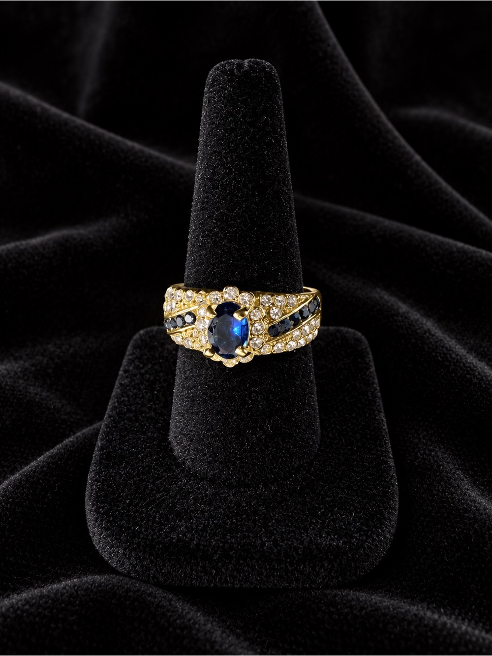 Gold-Tone Sapphire Blue Crystal Statement Ring Size 7 1/2